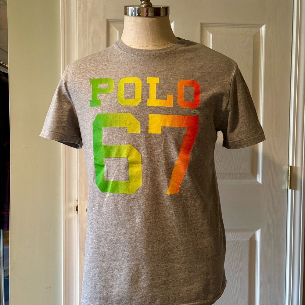 Polo by Ralph Lauren Gray Short Sleeve Tee with Neon Green Yellow Orange Graphic